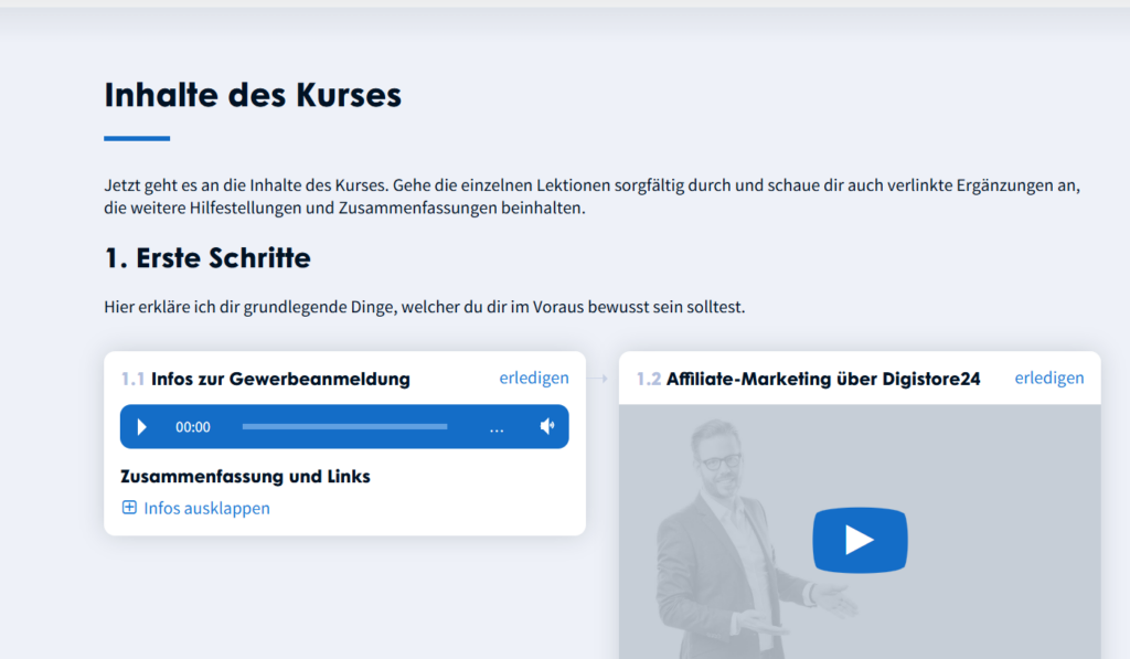 Auschnitt aus dem zusätzlichen Digistore24 Kurs